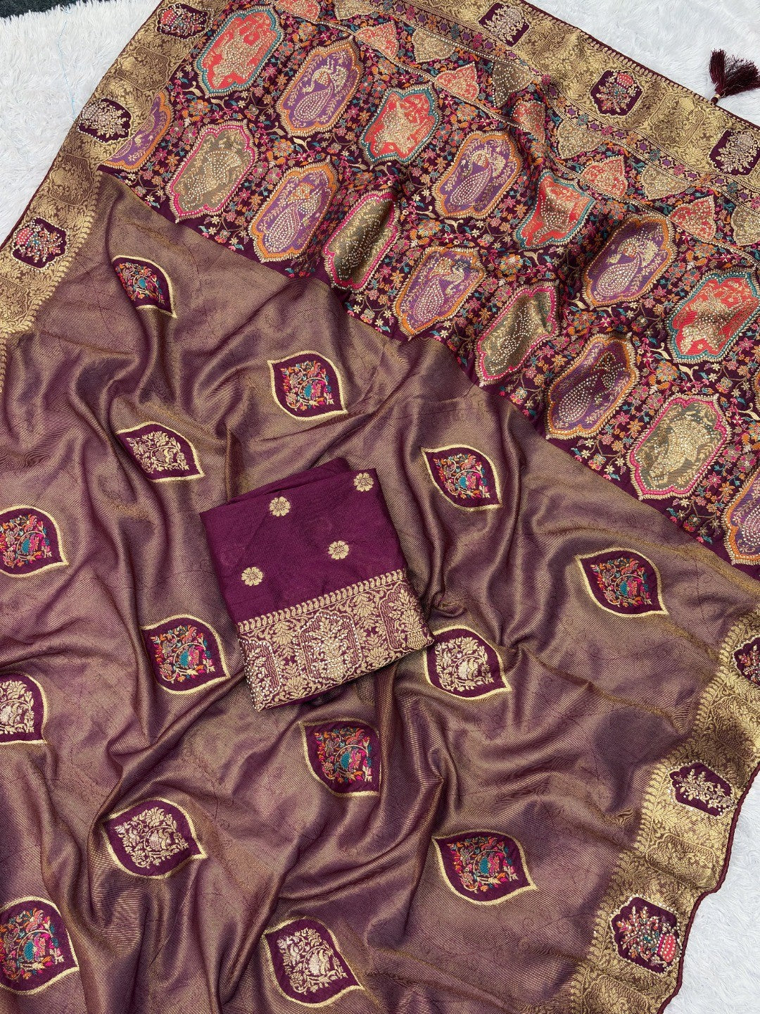 Elegant Wine Floral Woven Nylon Tissue Jacquard Saree Adorned With Intricate Zarkan Work - Image 3