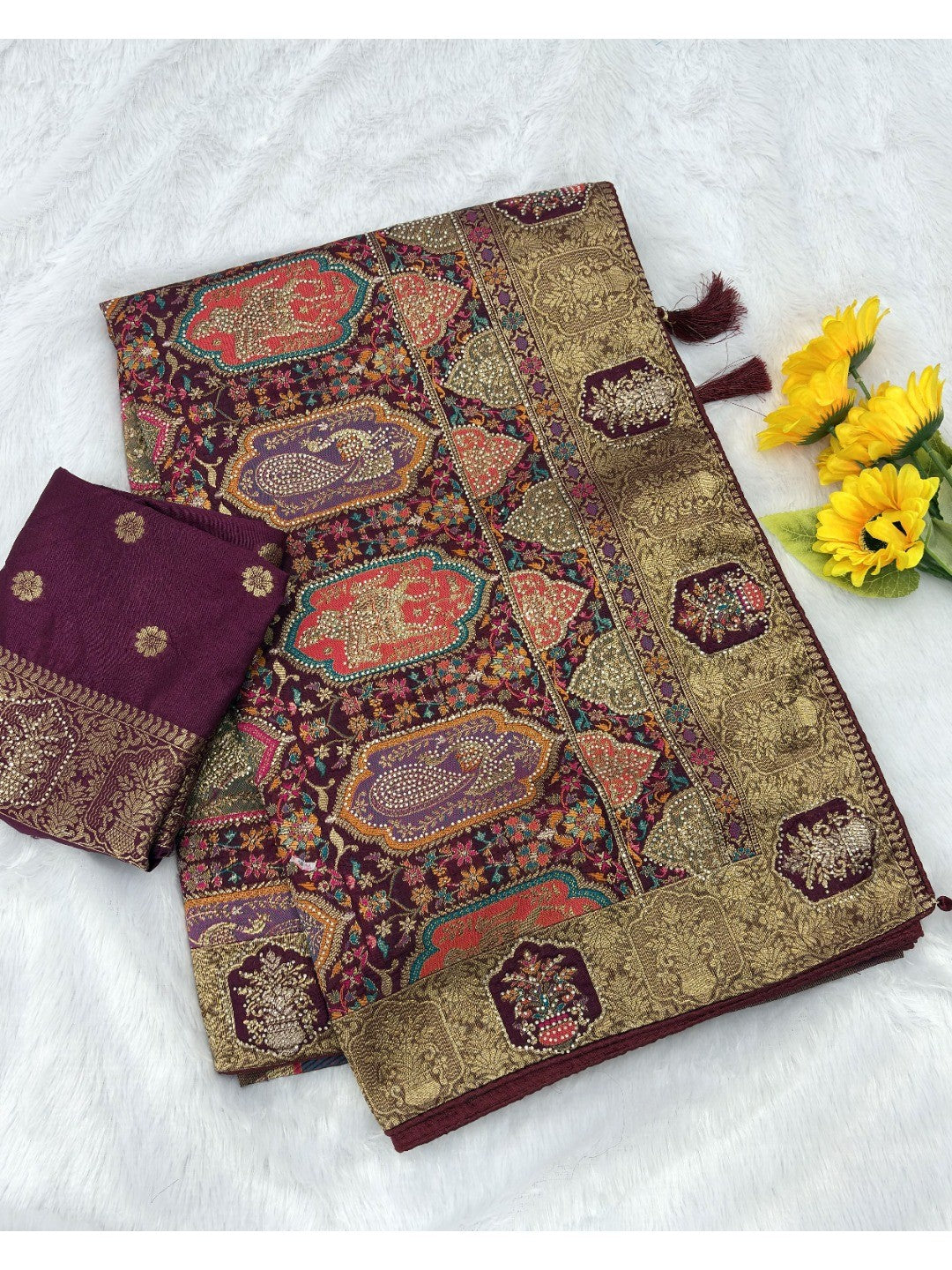 Elegant Wine Floral Woven Nylon Tissue Jacquard Saree Adorned With Intricate Zarkan Work - Image 2