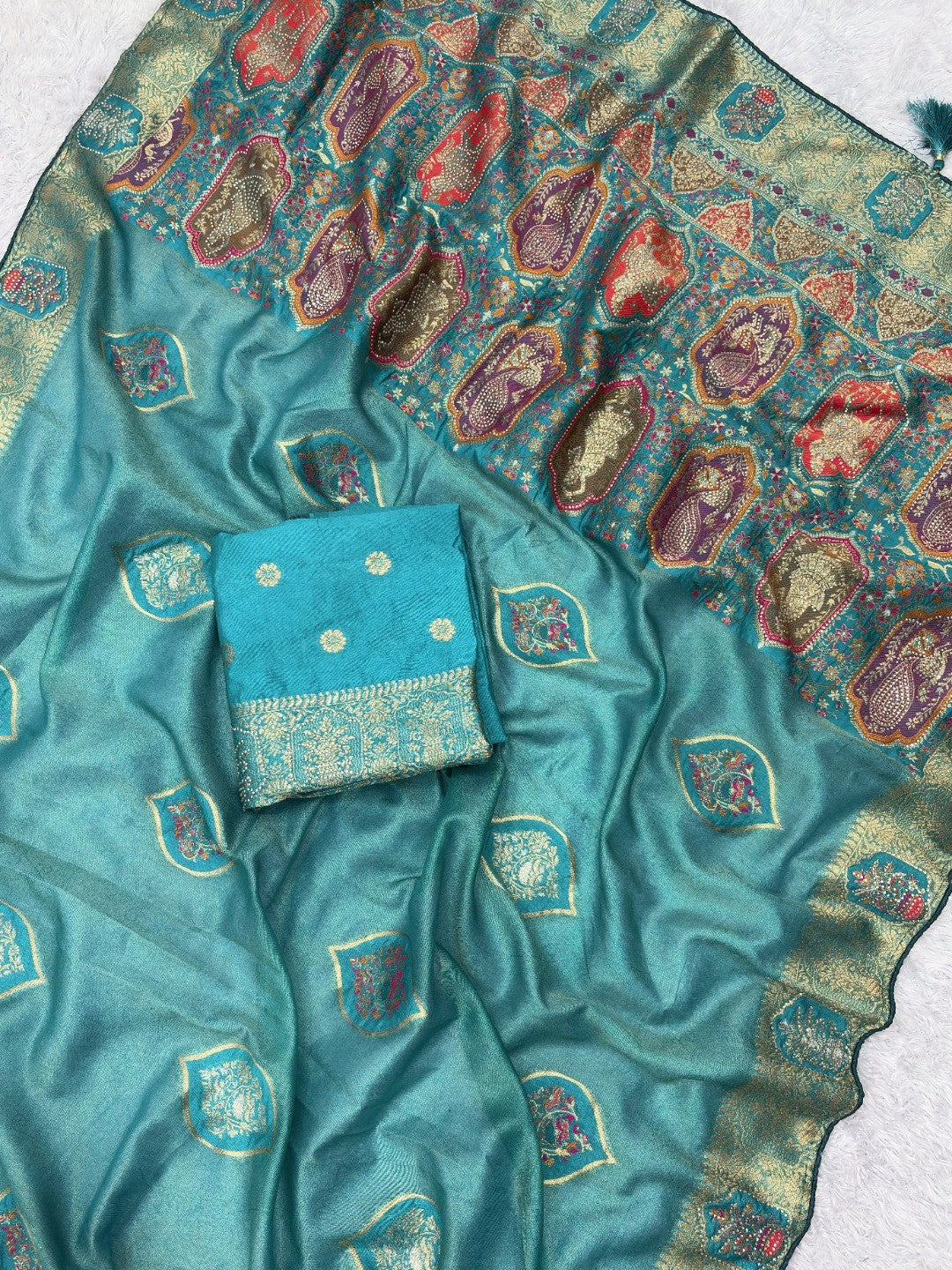 Elegant Rama Blue Floral Woven Nylon Tissue Jacquard Saree Adorned With Intricate Zarkan Work - Image 2