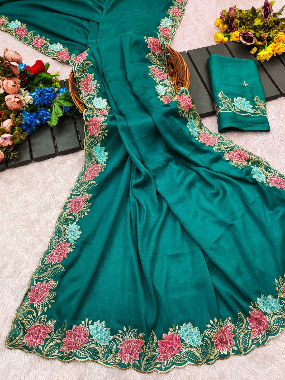 Designer Rama Green Tussar Silk Saree with Premium Floral Embroidered Border Work - Image 3