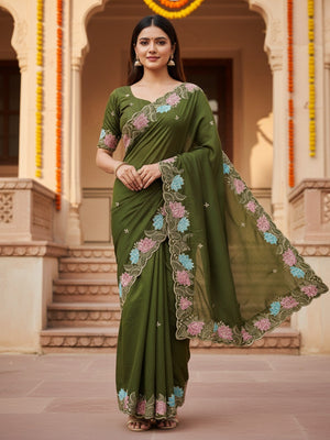 Designer Mehendi Green Tussar Silk Saree with Premium Floral Embroidered Border Work - Image 1
