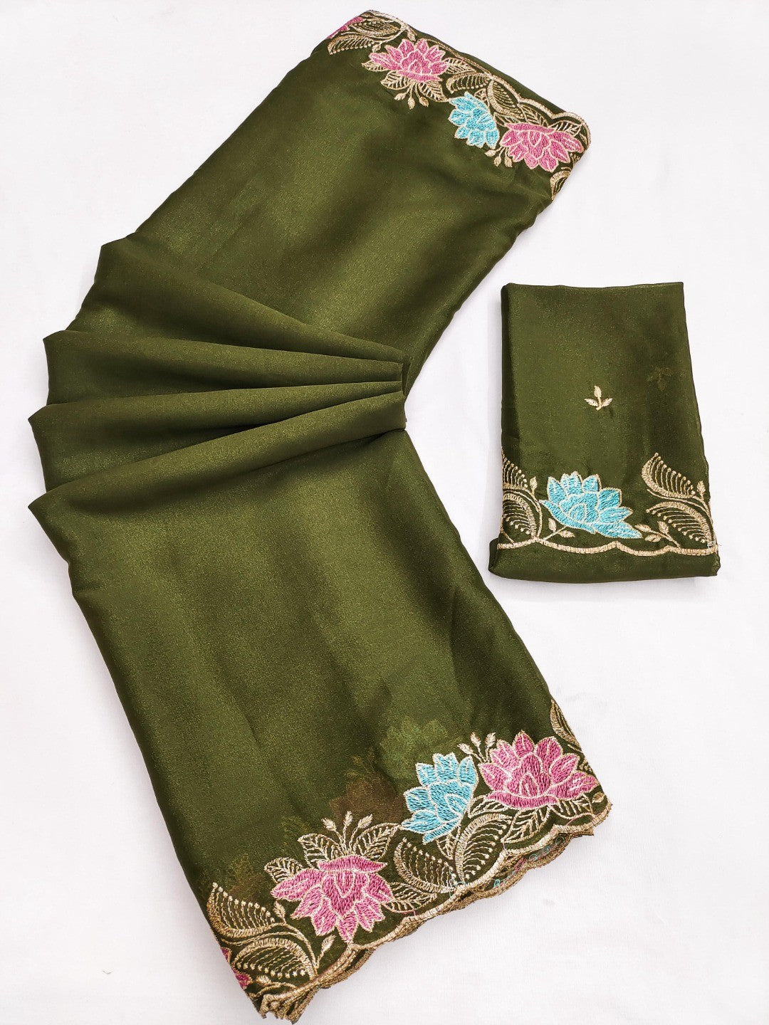 Designer Mehendi Green Tussar Silk Saree with Premium Floral Embroidered Border Work - Image 4