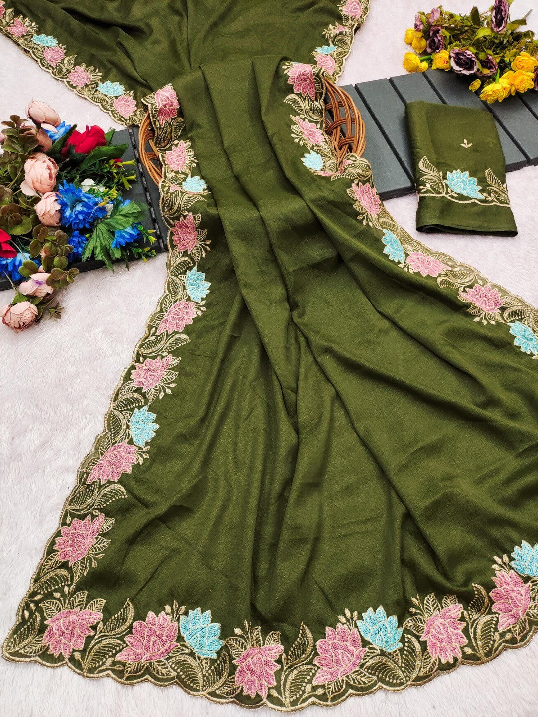 Designer Mehendi Green Tussar Silk Saree with Premium Floral Embroidered Border Work - Image 3