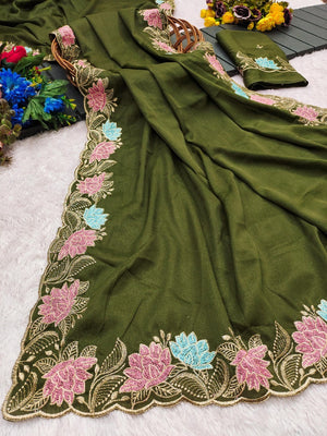 Designer Mehendi Green Tussar Silk Saree with Premium Floral Embroidered Border Work - Image 2