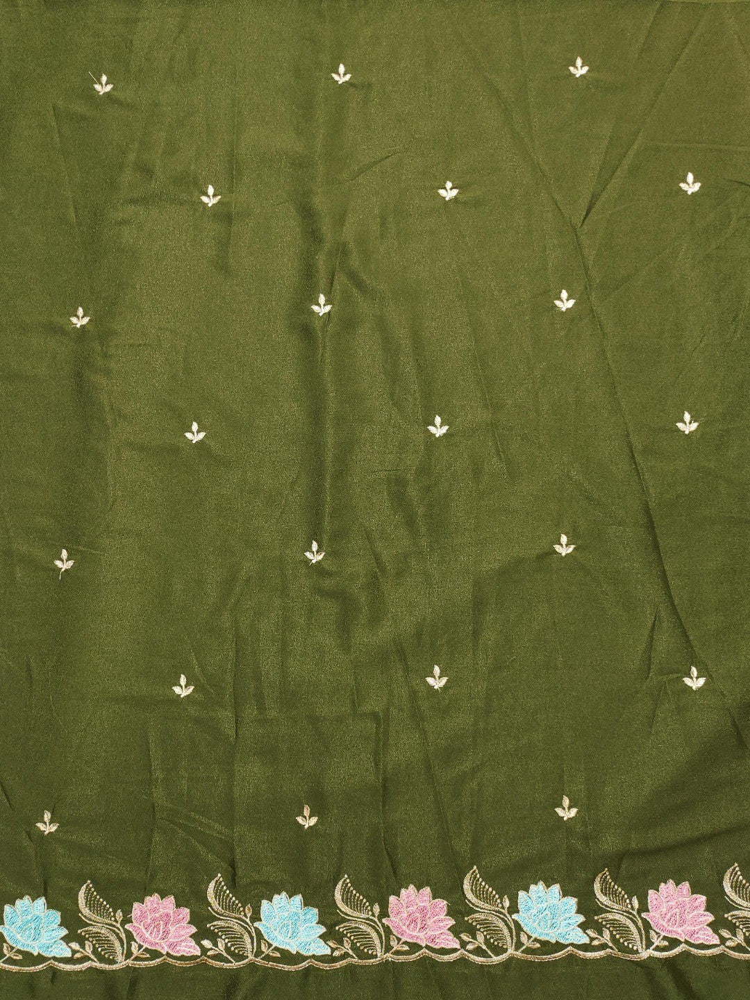 Designer Mehendi Green Tussar Silk Saree with Premium Floral Embroidered Border Work - Image 5