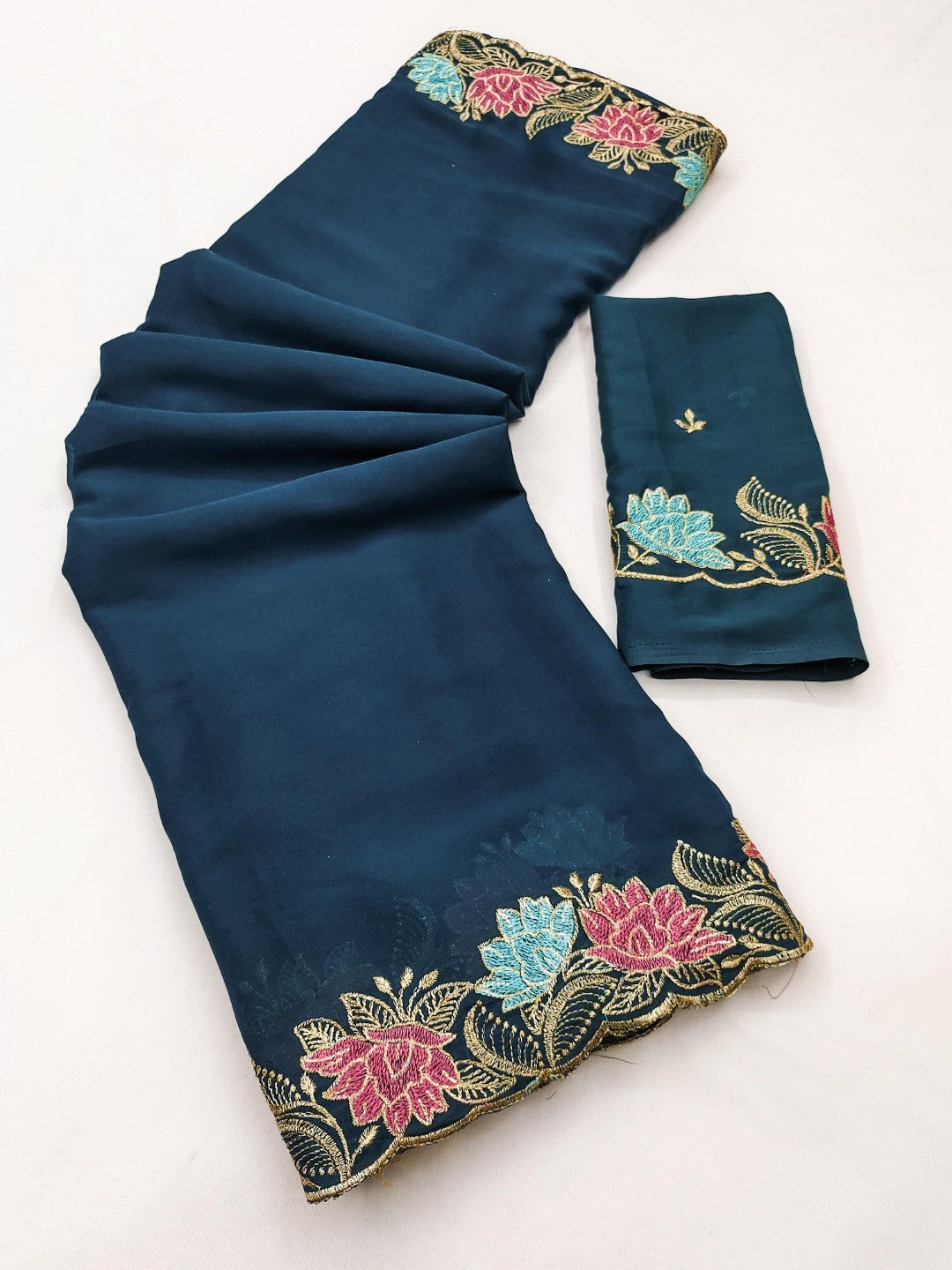 Designer Blue Tussar Silk Saree with Premium Floral Embroidered Border Work - Image 3