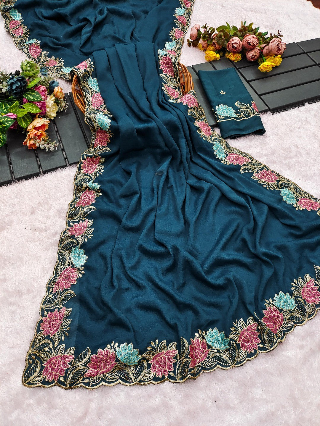 Designer Blue Tussar Silk Saree with Premium Floral Embroidered Border Work - Image 2
