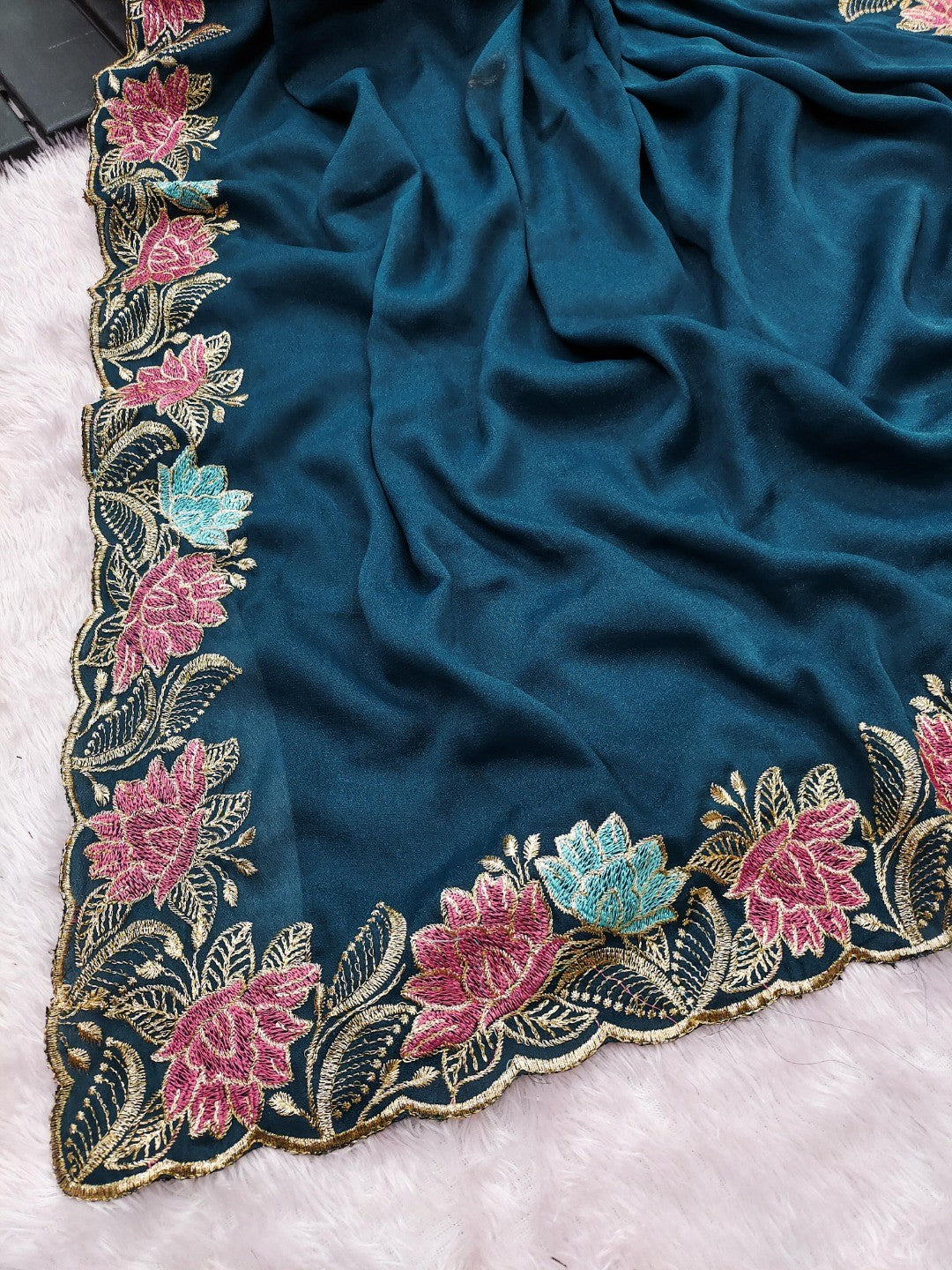 Designer Blue Tussar Silk Saree with Premium Floral Embroidered Border Work - Image 3