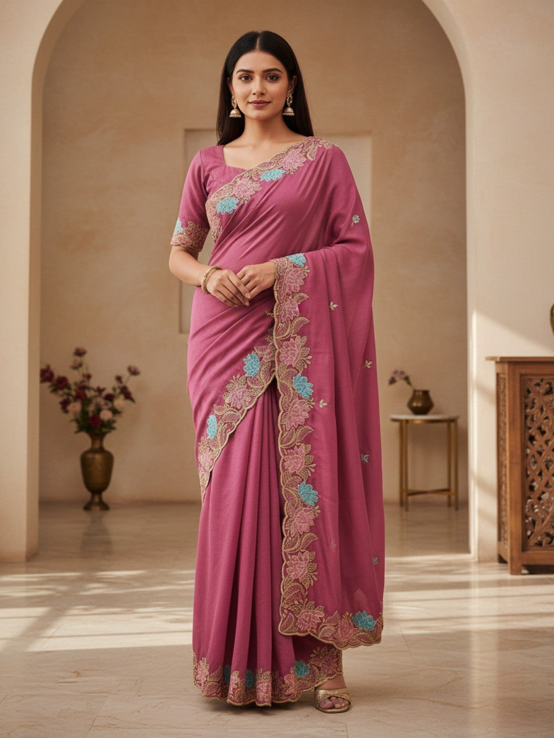 Designer Pink Tussar Silk Saree with Premium Floral Embroidered Border Work - Image 1