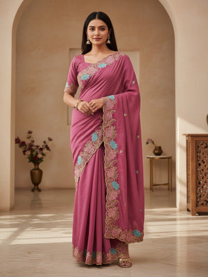 Designer Pink Tussar Silk Saree with Premium Floral Embroidered Border Work - Image 1