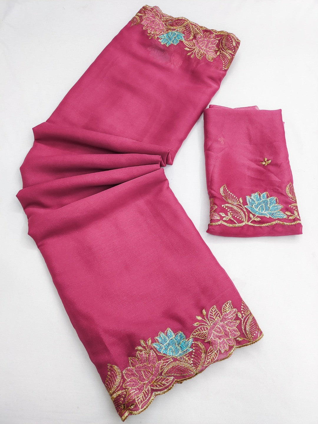 Designer Pink Tussar Silk Saree with Premium Floral Embroidered Border Work - Image 4