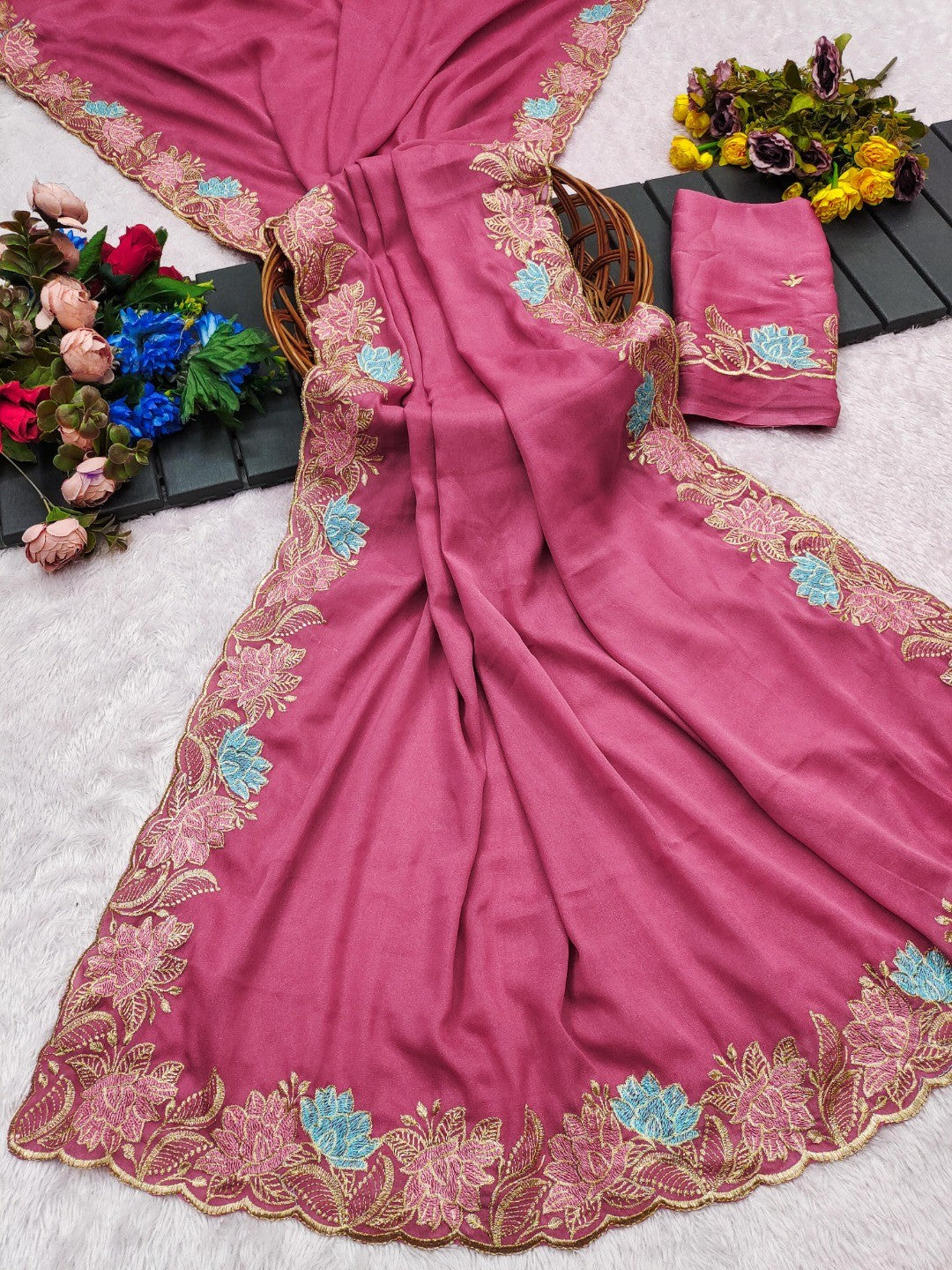 Designer Pink Tussar Silk Saree with Premium Floral Embroidered Border Work - Image 5