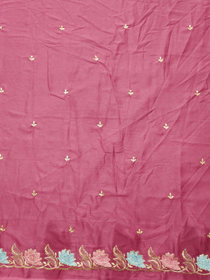 Designer Pink Tussar Silk Saree with Premium Floral Embroidered Border Work - Image 2