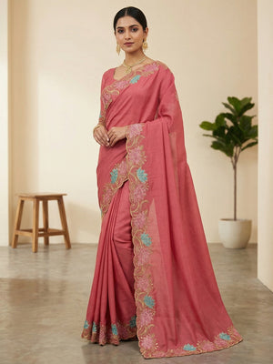Designer Peach Tussar Silk Saree with Premium Floral Embroidered Border Work - Image 1