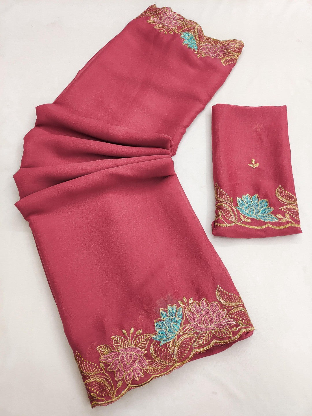 Designer Peach Tussar Silk Saree with Premium Floral Embroidered Border Work - Image 4