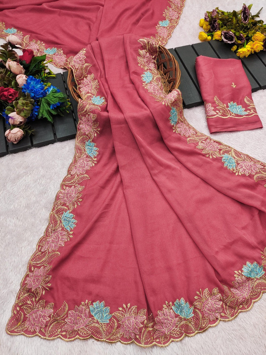 Designer Peach Tussar Silk Saree with Premium Floral Embroidered Border Work - Image 3