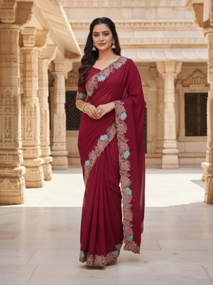Designer Dark Pink Tussar Silk Saree with Premium Floral Embroidered Border Work - Image 1