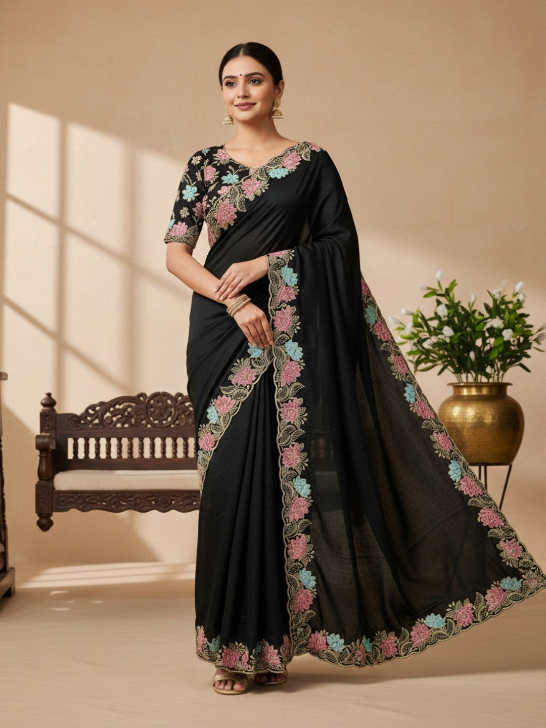 Designer Black Tussar Silk Saree with Premium Floral Embroidered Border Work - Image 1