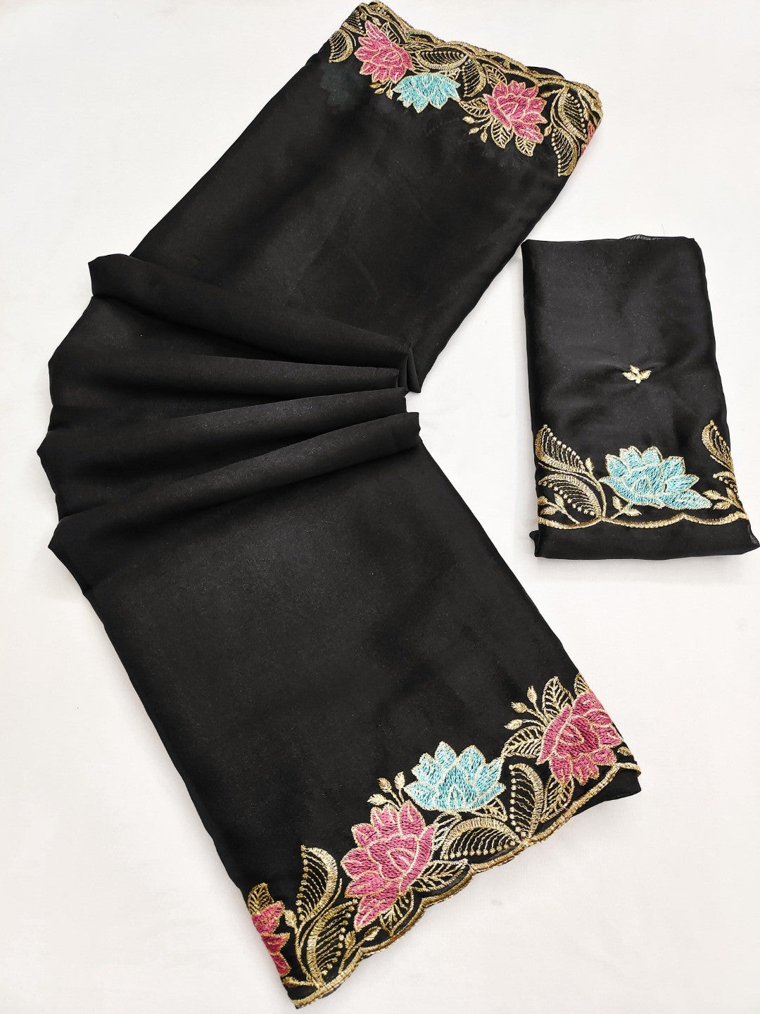 Designer Black Tussar Silk Saree with Premium Floral Embroidered Border Work - Image 2