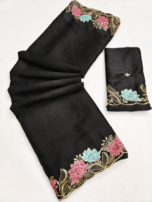 Designer Black Tussar Silk Saree with Premium Floral Embroidered Border Work - Image 2