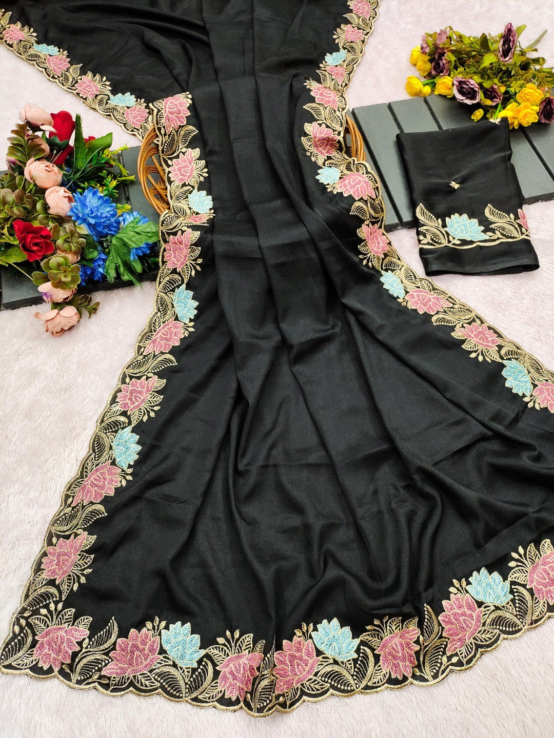 Designer Black Tussar Silk Saree with Premium Floral Embroidered Border Work - Image 4