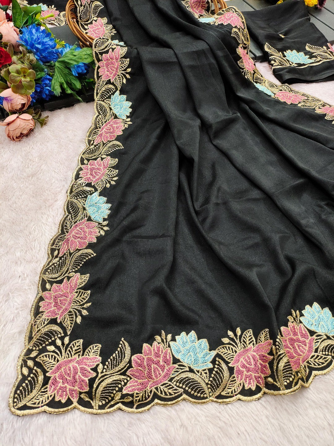 Designer Black Tussar Silk Saree with Premium Floral Embroidered Border Work - Image 3