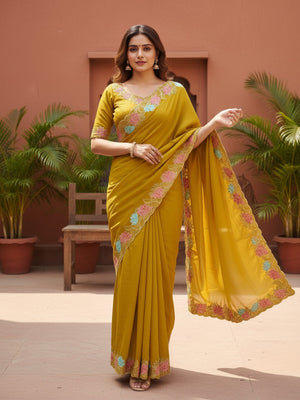 Designer Mustard Tussar Silk Saree with Premium Floral Embroidered Border Work - Image 1