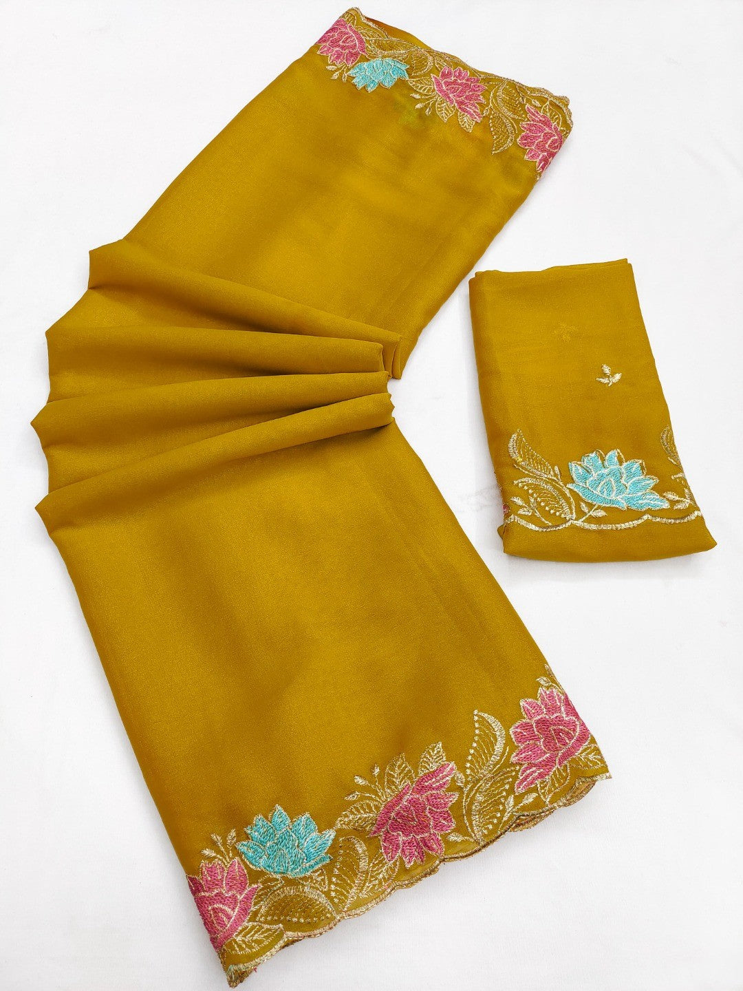 Designer Mustard Tussar Silk Saree with Premium Floral Embroidered Border Work - Image 3