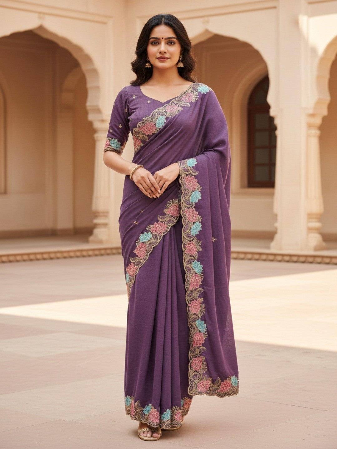 Designer Purple Tussar Silk Saree with Premium Floral Embroidered Border Work - Image 1