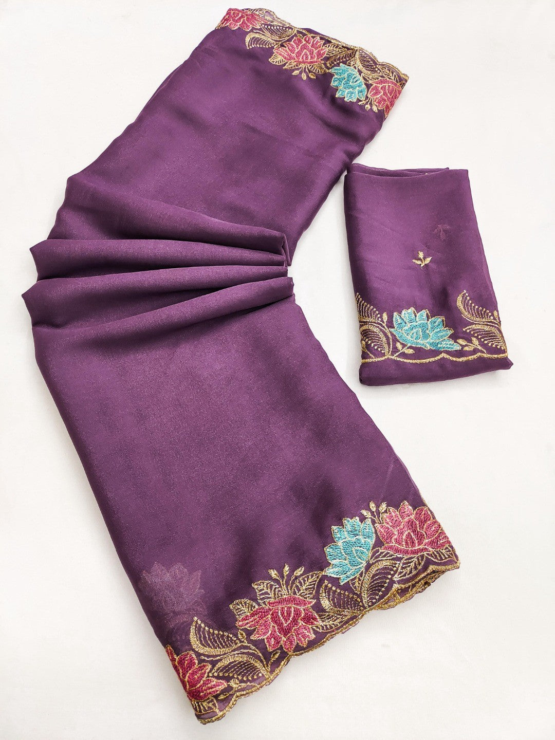 Designer Purple Tussar Silk Saree with Premium Floral Embroidered Border Work - Image 3