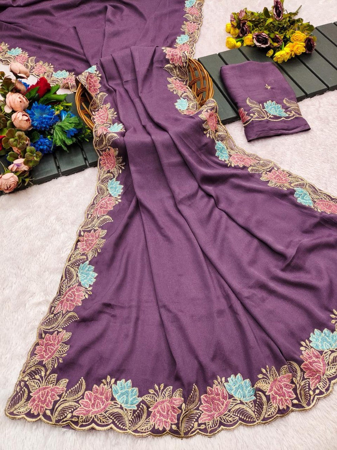 Designer Purple Tussar Silk Saree with Premium Floral Embroidered Border Work - Image 5