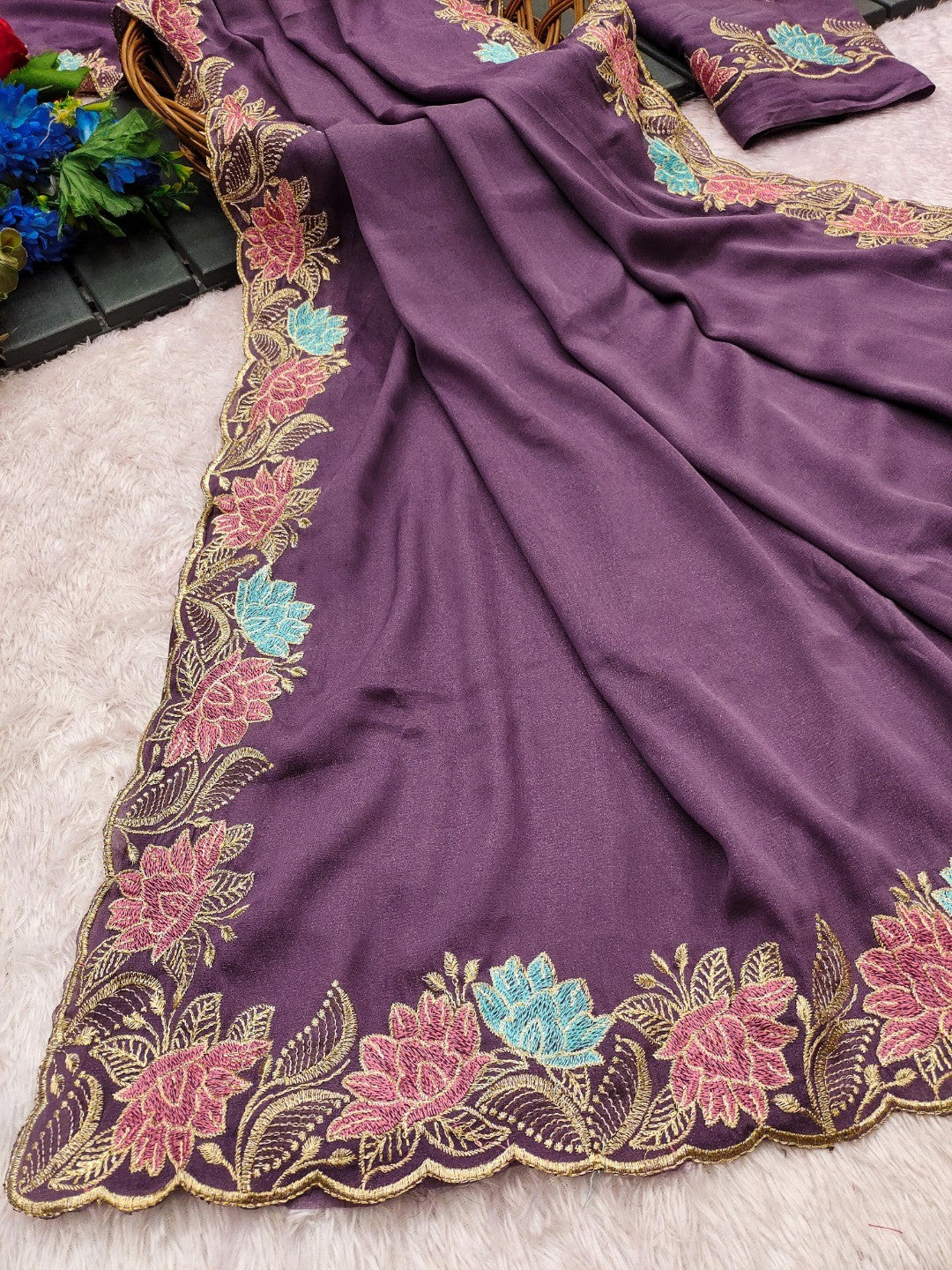 Designer Purple Tussar Silk Saree with Premium Floral Embroidered Border Work - Image 3