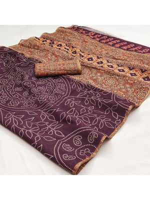Wine Chanderi Cotton Saree with Printed Design - Image 2