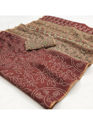 Maroon Printed Chanderi Cotton Saree with Golden Border - Image 2