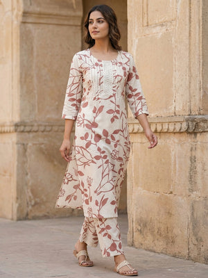 Elegant Summer Edit Offwhite Floral Printed Pure Cotton Top and Bottom Ensemble - Image 1