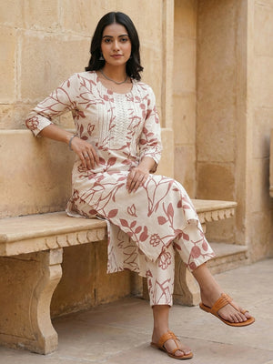 Elegant Summer Edit Offwhite Floral Printed Pure Cotton Top and Bottom Ensemble - Image 2