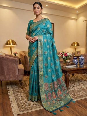 Elegant Rama Blue Floral Woven Nylon Tissue Jacquard Saree Adorned With Intricate Zarkan Work - Image 1