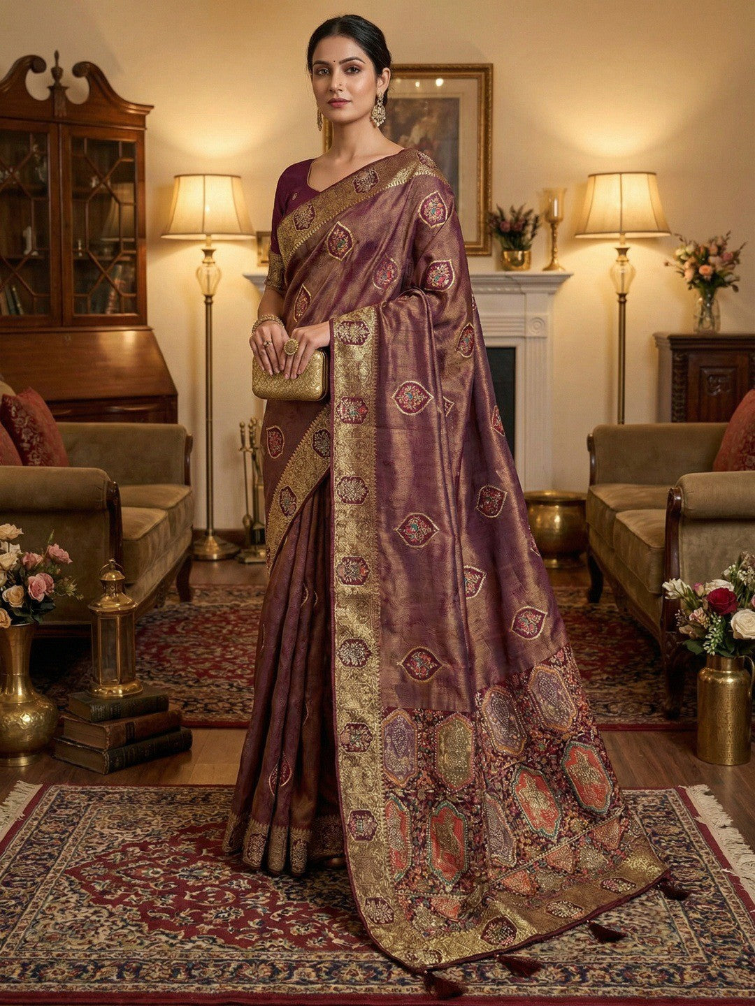 Elegant Wine Floral Woven Nylon Tissue Jacquard Saree Adorned With Intricate Zarkan Work - Image 1