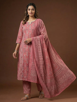 Festive Style Pink Printed Pure Cotton Kurta Salwar Suit for Special Occasions - Image 1