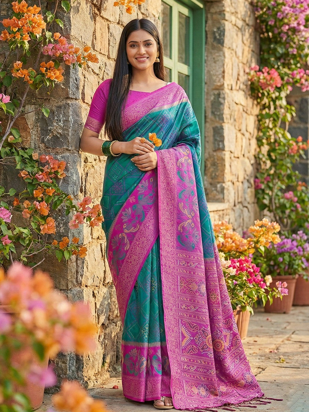 Sophisticated Teal Silk Blend Saree Highlighted By Vibrant Zari Border & Traditional Weaving Work - Image 1