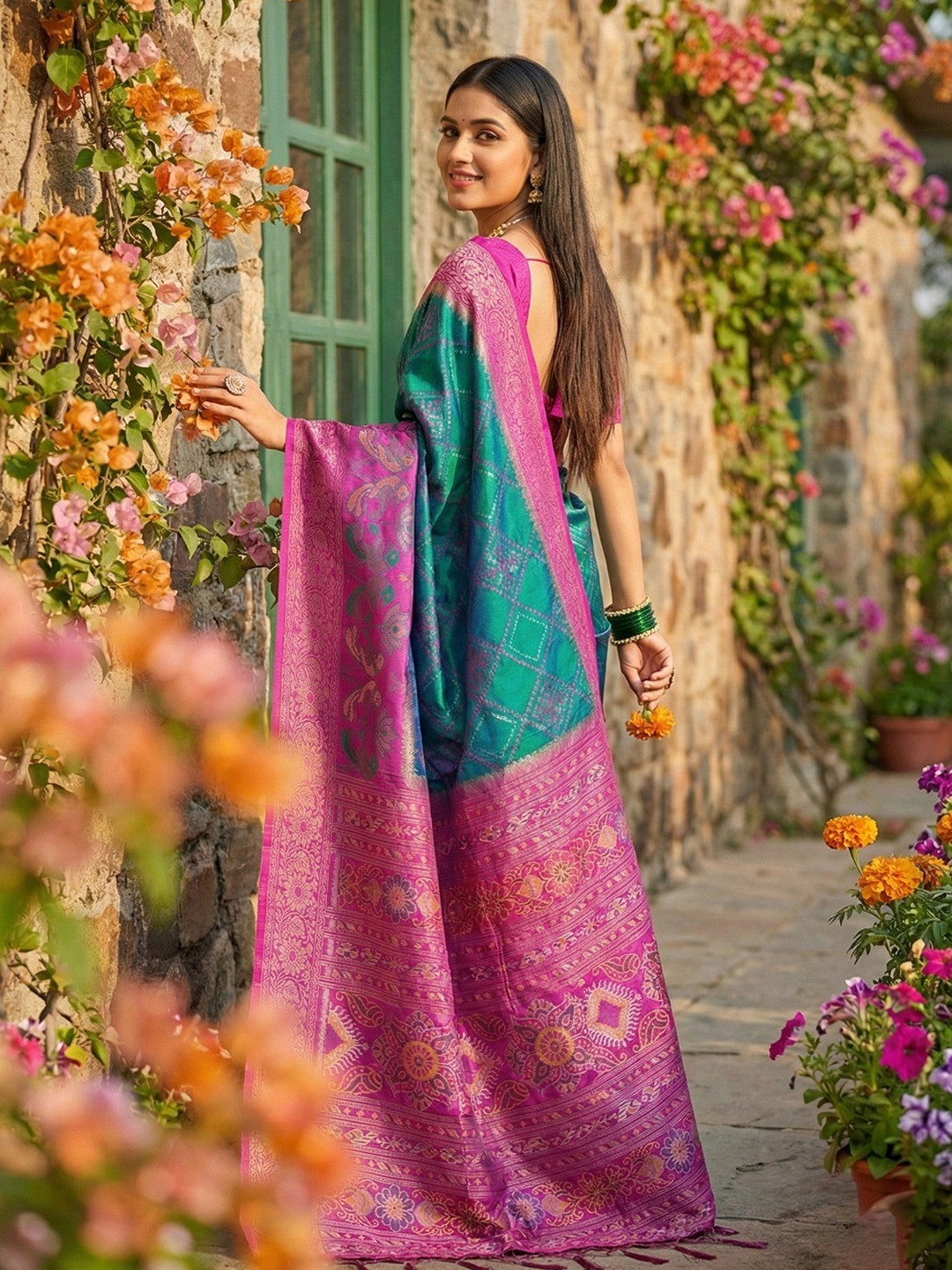Sophisticated Teal Silk Blend Saree Highlighted By Vibrant Zari Border & Traditional Weaving Work - Image 3