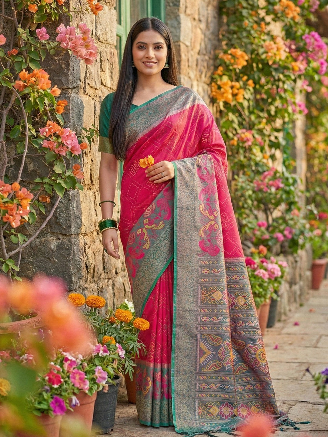 Sophisticated Pink Silk Blend Saree Highlighted By Vibrant Zari Border & Traditional Weaving Work - Image 3