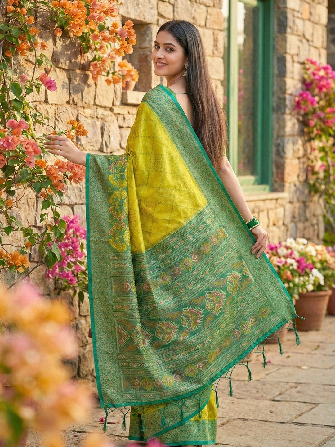 Sophisticated Green Silk Blend Saree Highlighted By Vibrant Zari Border & Traditional Weaving Work - Image 3