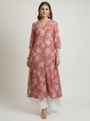 Trendy Pink Floral Printed Viscose Kurti with Formal Collared Neck Style - Image 1