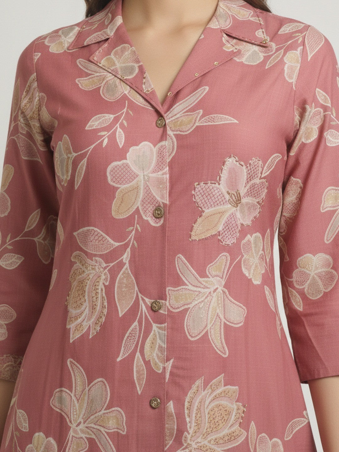 Trendy Pink Floral Printed Viscose Kurti with Formal Collared Neck Style - Image 2
