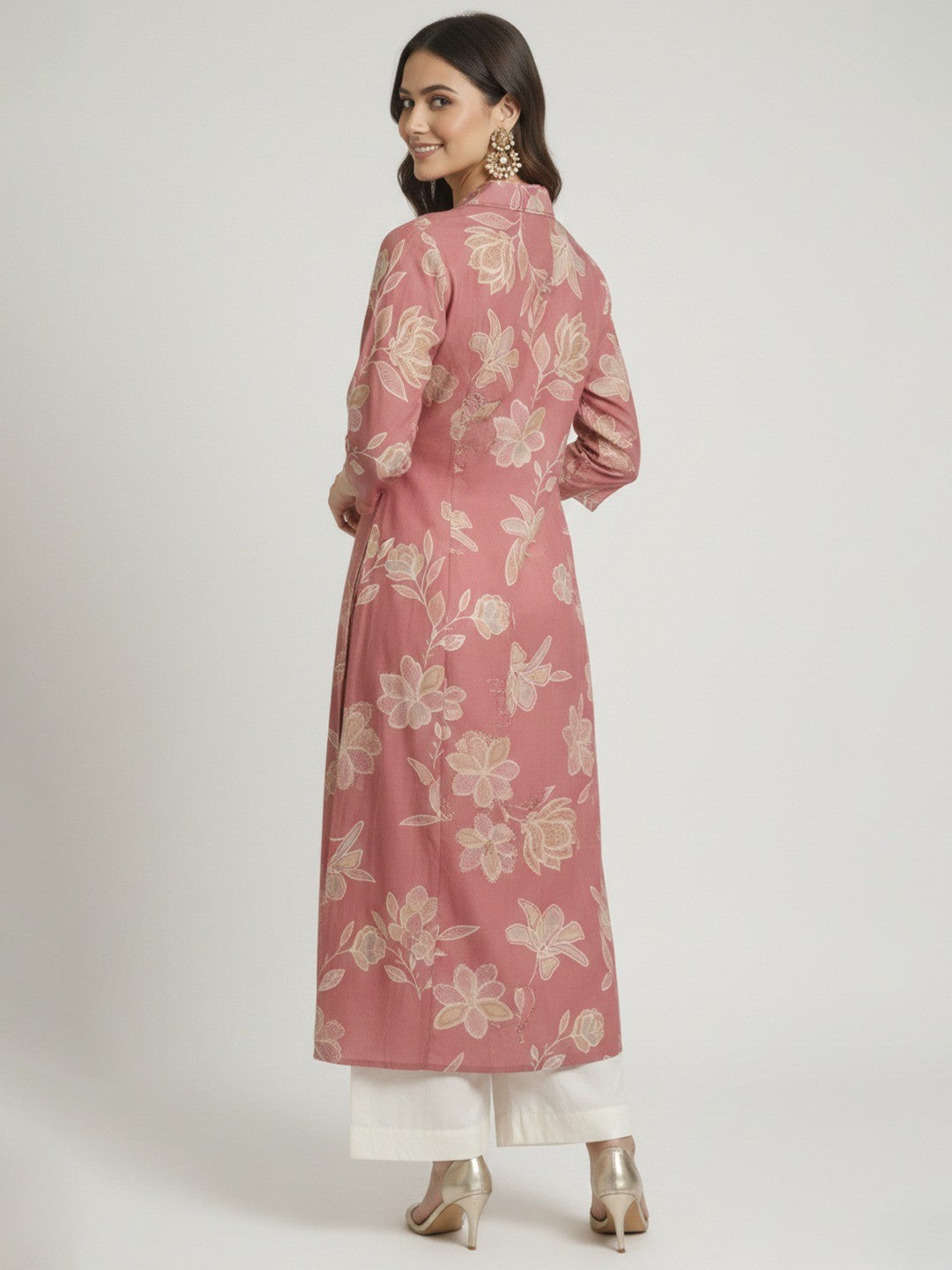 Trendy Pink Floral Printed Viscose Kurti with Formal Collared Neck Style - Image 4