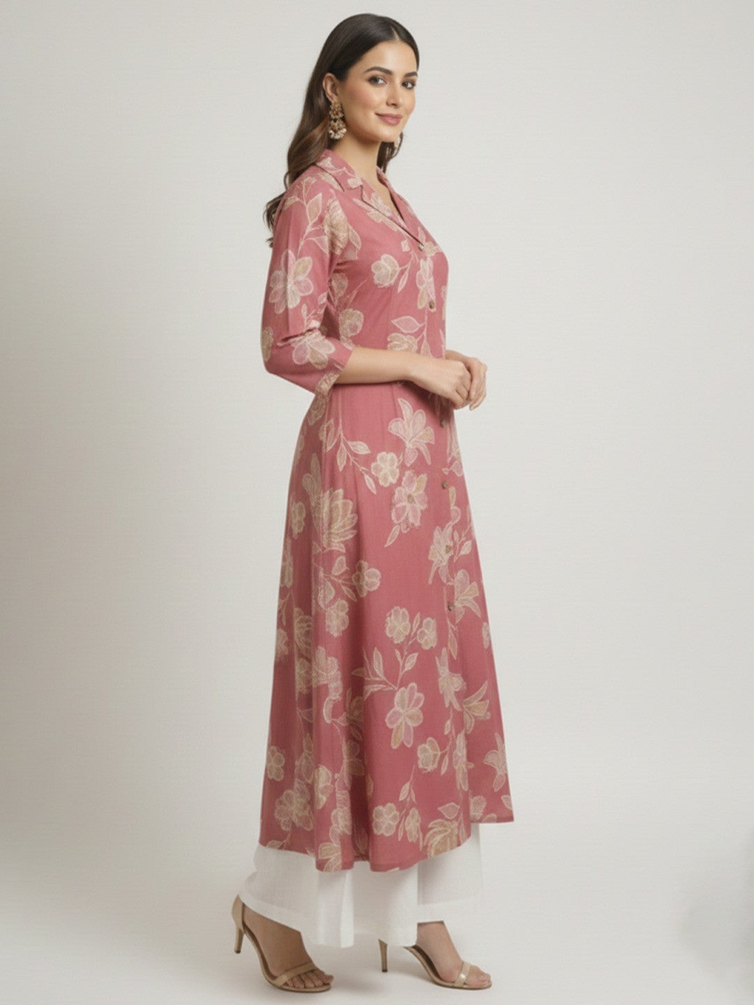 Trendy Pink Floral Printed Viscose Kurti with Formal Collared Neck Style - Image 3