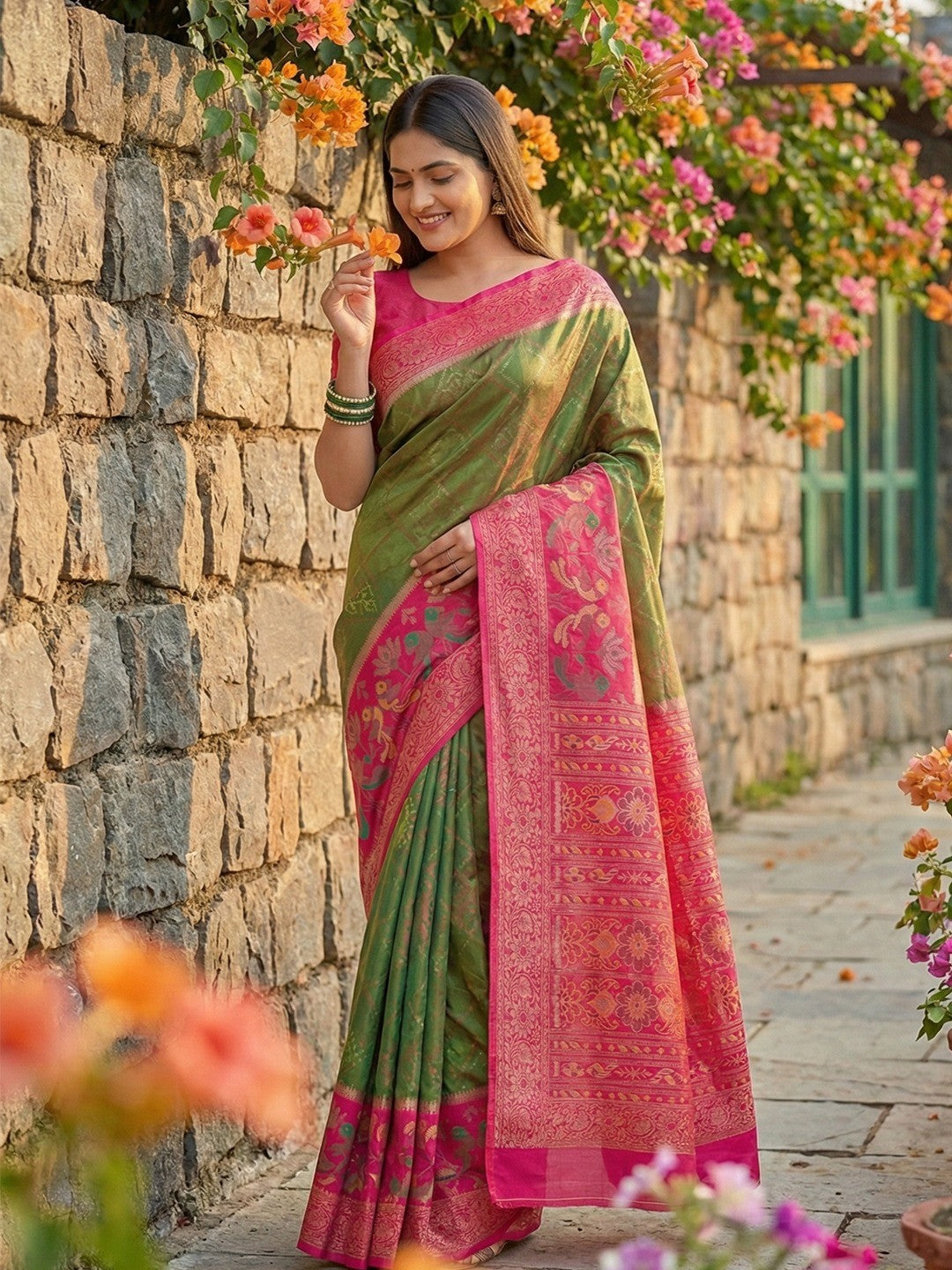 Sophisticated Mehendi Green Silk Blend Saree Highlighted By Vibrant Zari Border & Traditional Weaving Work - Image 1