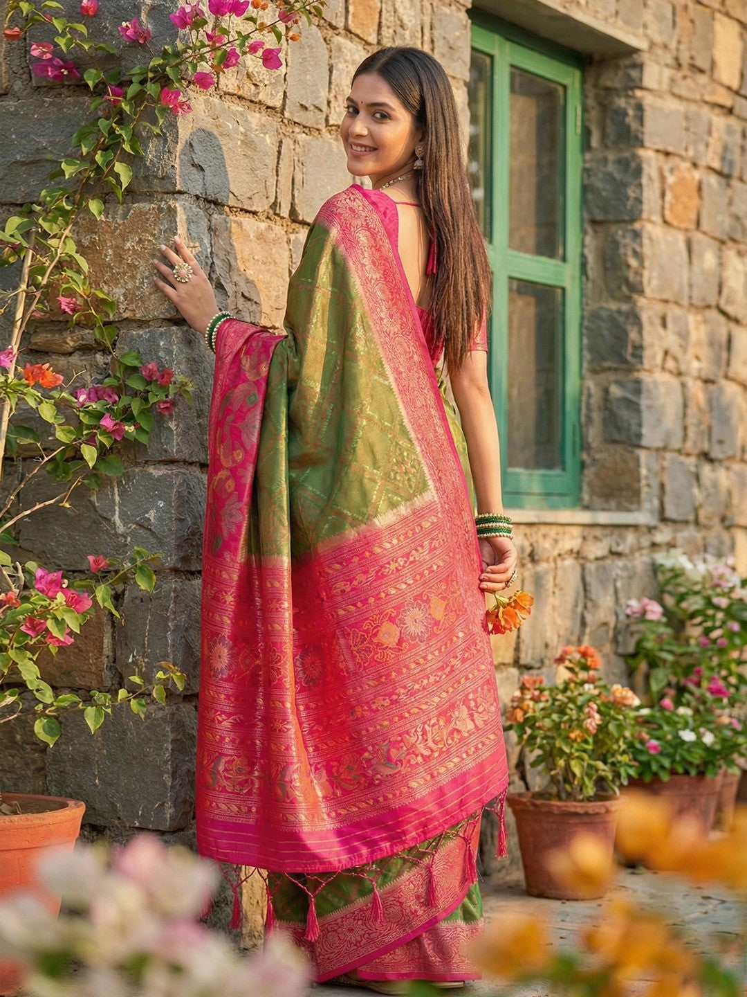 Sophisticated Mehendi Green Silk Blend Saree Highlighted By Vibrant Zari Border & Traditional Weaving Work - Image 3