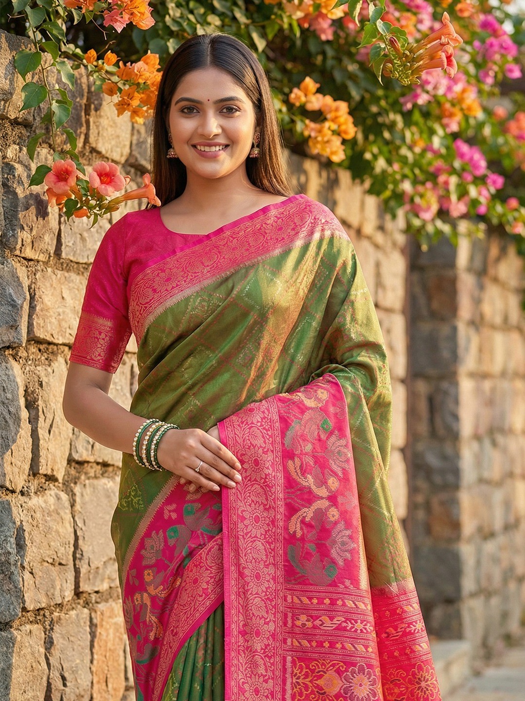 Sophisticated Mehendi Green Silk Blend Saree Highlighted By Vibrant Zari Border & Traditional Weaving Work - Image 2